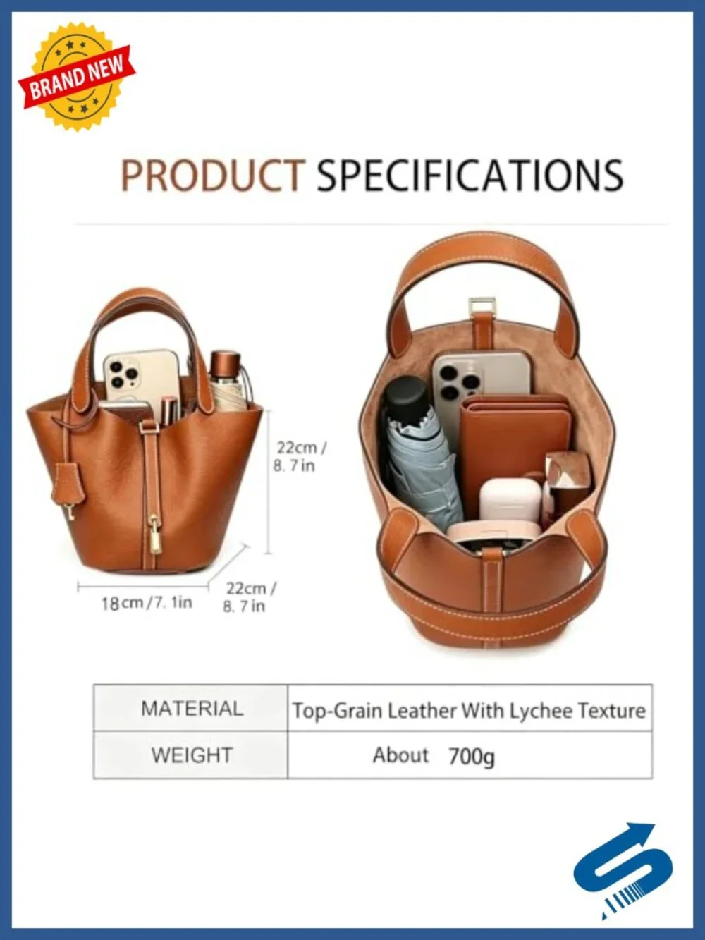 Genuine Leather Bucket Bag Women Tote Handbag with Lock Design, Detachable Pouch